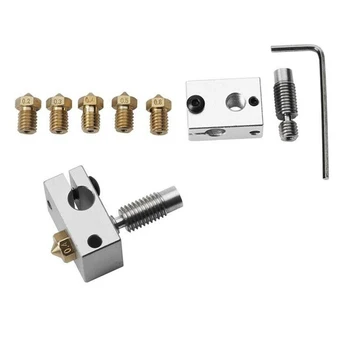 

V6 PT100 Aluminum Heating Block 5*Copper Nozzles For 3D Printer Reprap V6 Parts+Throat L Wrench Set Sandblasting oxidation