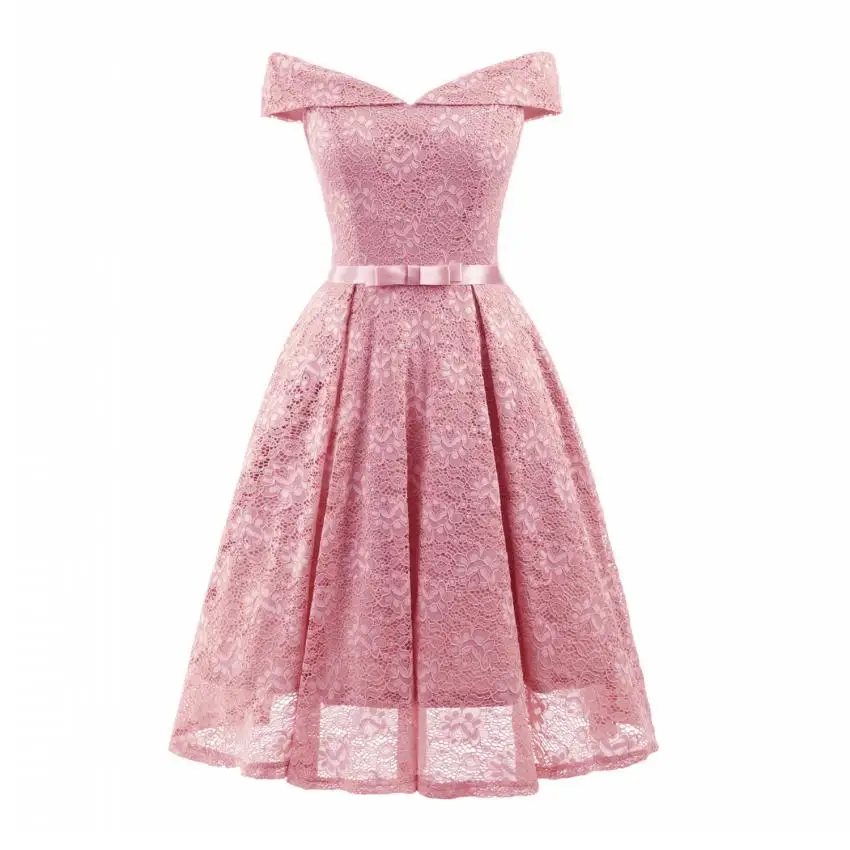 

MisShow S-2XL Solid Color See Through Summer Dress Elegant Sashes Short Ball Gown V Neck Women Party Dress Lace Vintage Dress