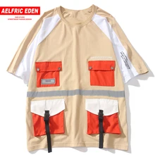 Aelfric Eden, светоотражающие мужские футболки с несколькими карманами и лентой,, цветные блоки, хип-хоп Уличная одежда, Топы Harajuku, футболки с коротким рукавом