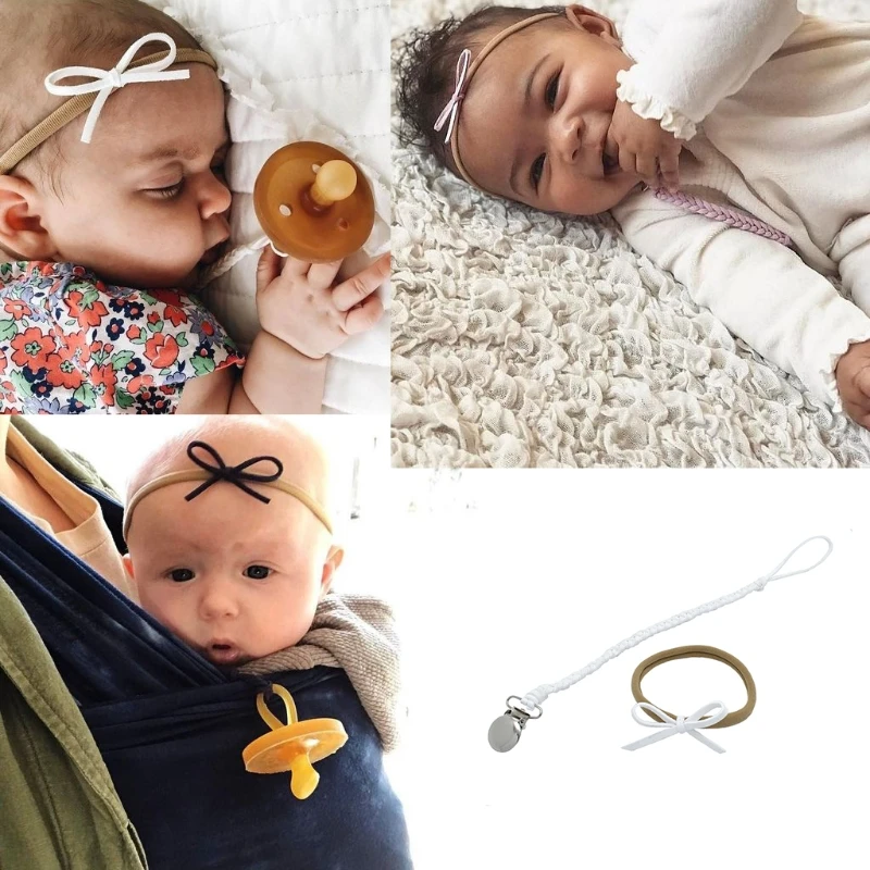 

Baby Infant Braided Faux Leather Pacifier Clips Holder Chain Strap+ Bow Headband