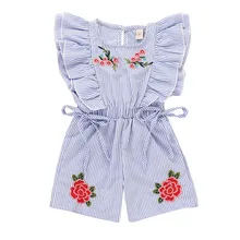Модная летняя одежда для маленьких девочек Комбинезон в синюю полоску с вышивкой розы детская одежда без рукавов для От 1 до 5 лет