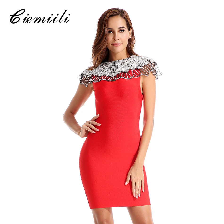 

CIEMIILI New Women Sexy Bandage Dress Celebrity Evening Party Elegant 2018 Summer Bodycon Vestido O Neck Dresses Ladies Clothes