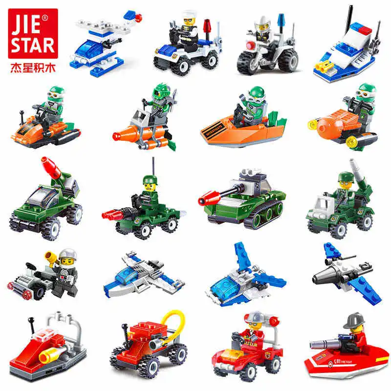 

10 style JIE-STAR Building Blocks Vehicle Set 22-30pcs Warship Fire Truck Military Vehicle Brick Model Toys for Kids Blocks Car
