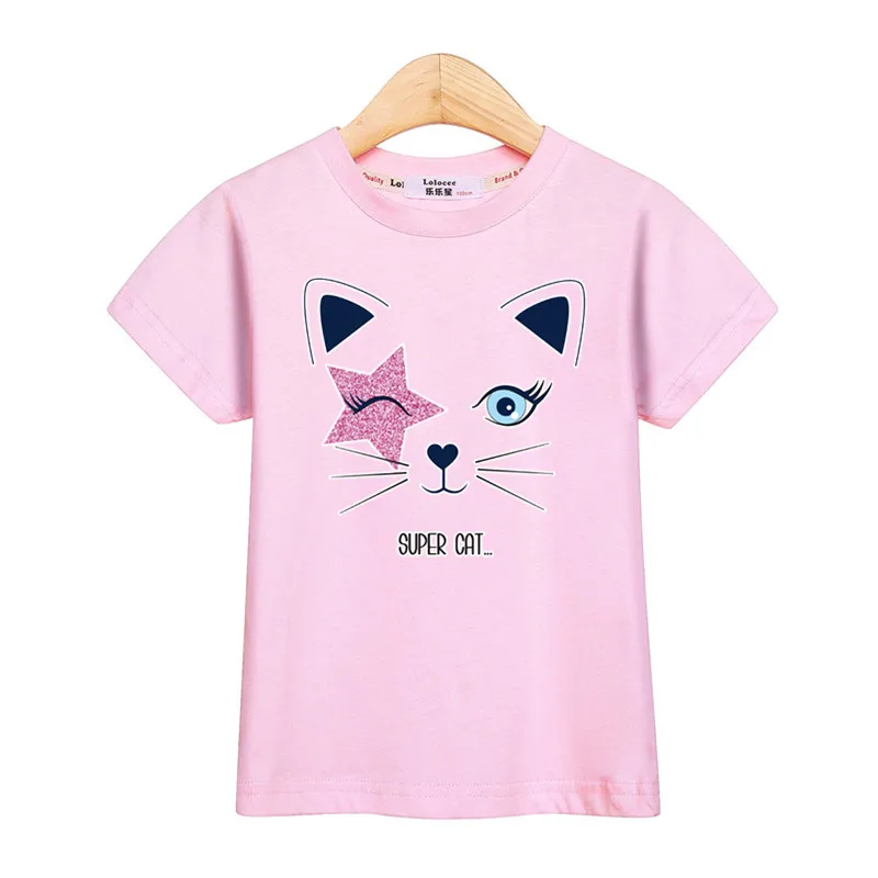 Милая детская футболка Топы для маленьких девочек, новые летние футболки с короткими рукавами, хлопковые костюмы рубашка с котенком для маленьких девочек модная детская футболка