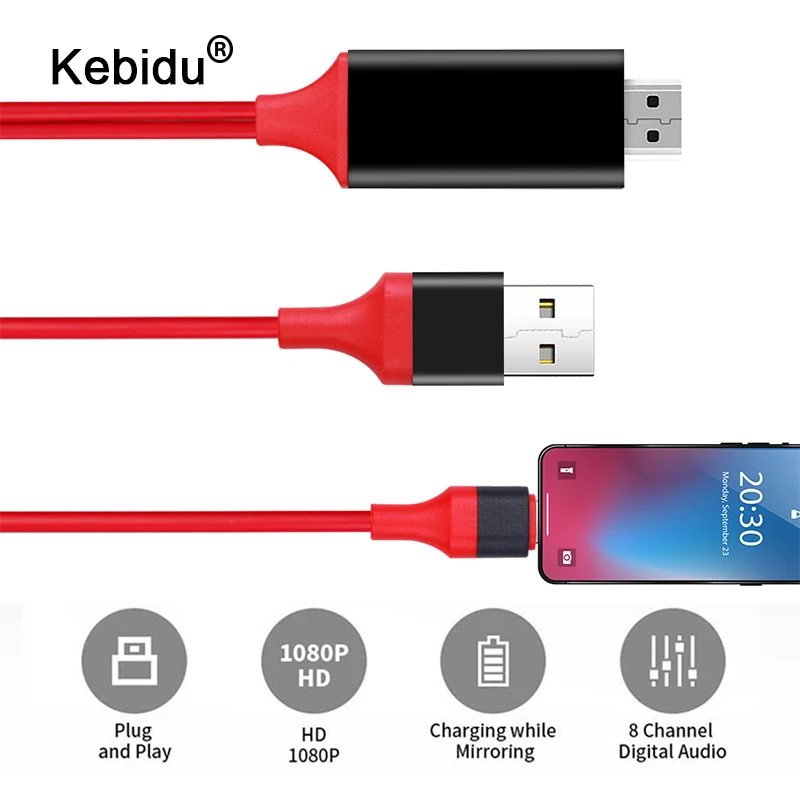 

kebidu HD 1080P HDMI Converter 1.8M 8 Pin to HDMI Male Cable Adapter Cable USB Cable for HDTV TV Digital AV for IOS for iPhone