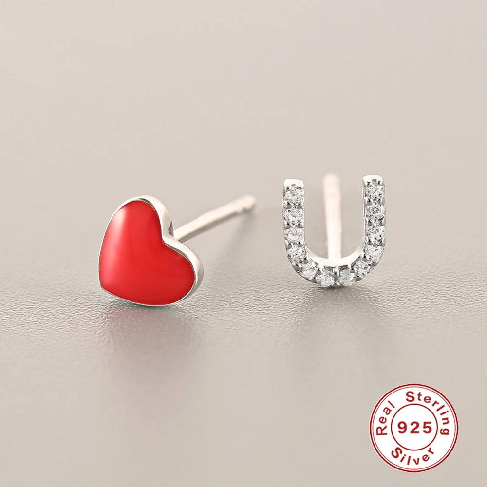 Red Heart Stud Earrings for Women Micro Pave Zircon 925 Sterling Silver Earring Jewelry Lovers Anniversary Gifts C35