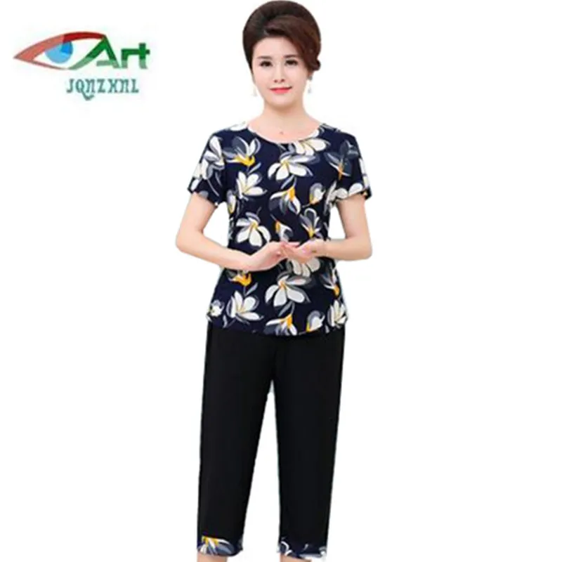 

2019 Summer Middle-aged women suits mother short-sleeved T-shirt top women clothing large size two-piece women casual suit AS558