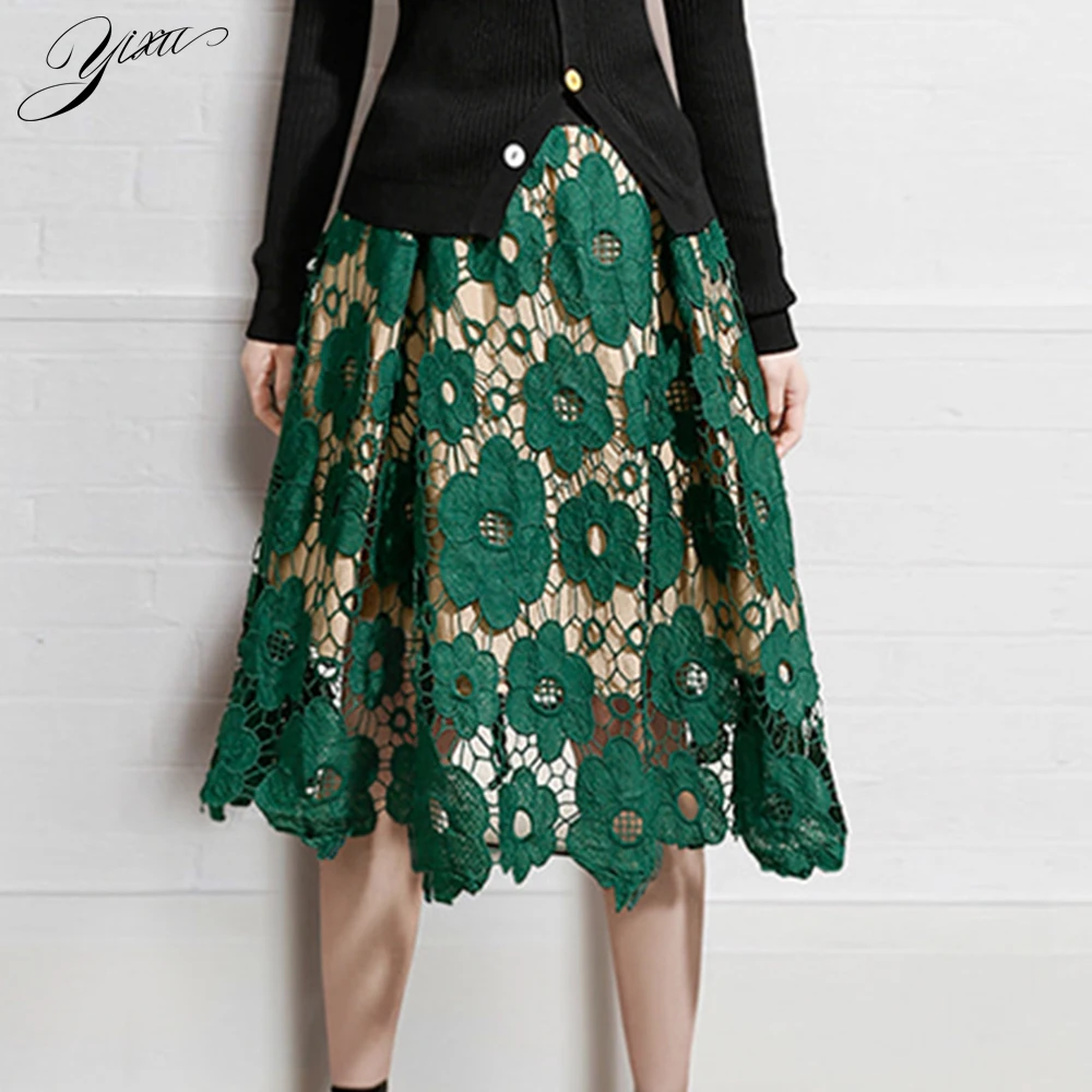

Hot Woman Summer Lace Skirt Solid Green Floral Hollow-out Skirt for Woman Female Casual A-line Mid Skirts