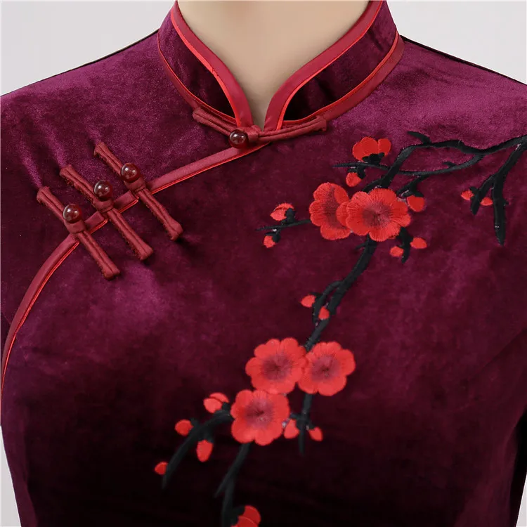 Модные бархатные Cheongsam красный Qipao Сексуальная традиционный китайское платье Oriental Стиль платья Китай Вечеринка халат Orientale