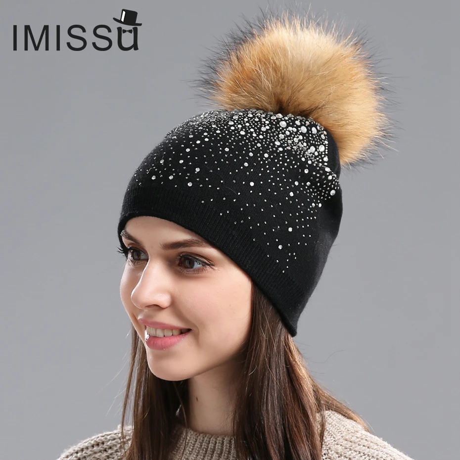 

IMISSU Winter Women's Hats Knitted Wool Casual Mask Raccoon Fur Pom Pom Hat Crystal Solid Color Casquette Gorros Outdoor Cap