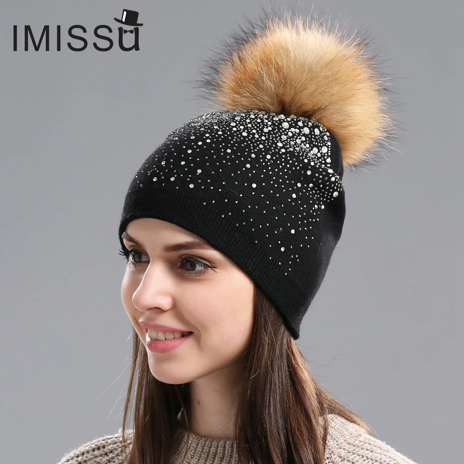 IMISSU Winter font b Women s b font Hats Knitted Wool Casual Mask Raccoon Fur Pom