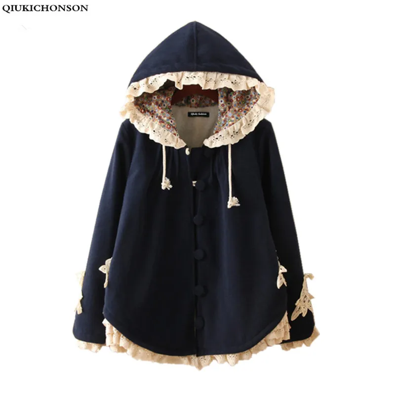 Manteau hiver femme 2019 зимнее плотное флисовое Женское пальто с капюшоном и пончо mori girl