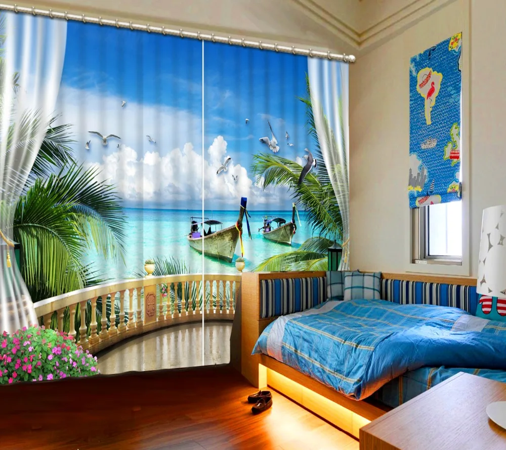 

Customize 3D Curtains Window 3D Curtains For Living room Bedroom Seascape with coconut trees Window Curtains