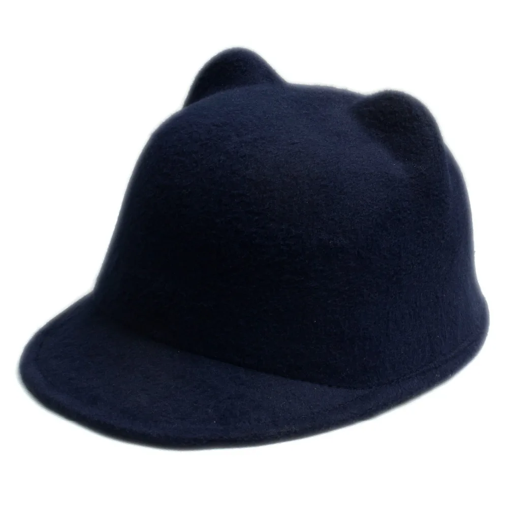 100% Wool Girls Fedora Hat Winter Black Devil Horns Cute Cat ear animal Derby Bowler lovely Cap for Childrend Gift