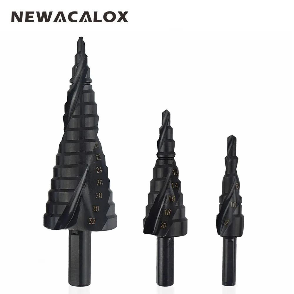 NEWACALOX 4-32MM HSS Cobalt Step Drills Nitrogen High Speed Steel Spiral for Metal Cone Drill Bit Set Triangle Shank Hole Cutter
