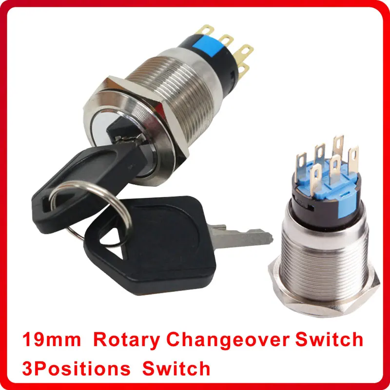 

19mm 3Positions Rotary Changeover Switch Stainless Steel Waterproof Knob Lock Key Switch 5A AC250V ON OFF Power Switch