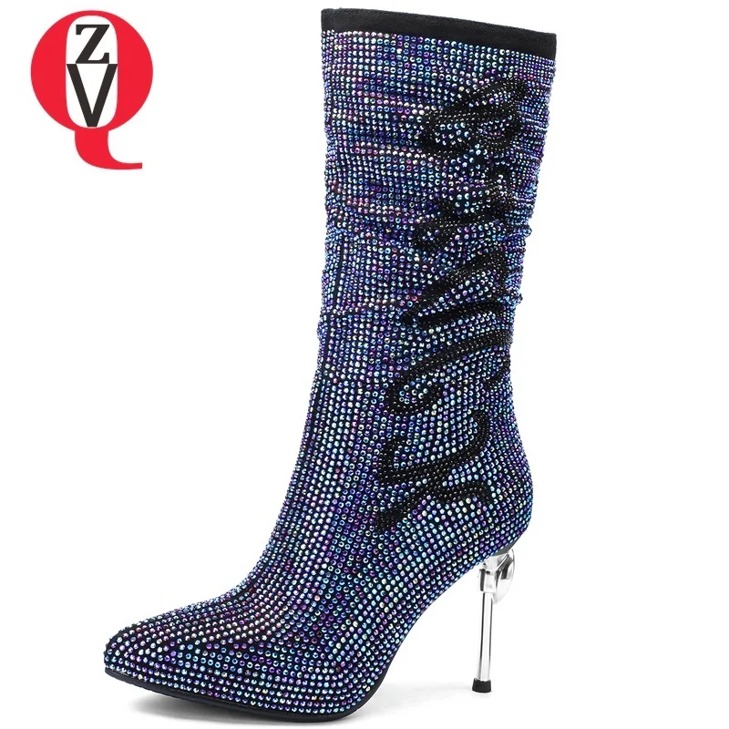 

ZVQ size 33-41 new fashion elegant super high thin heels platform pointed toe zipper kid suede women shoes party mid calf boots