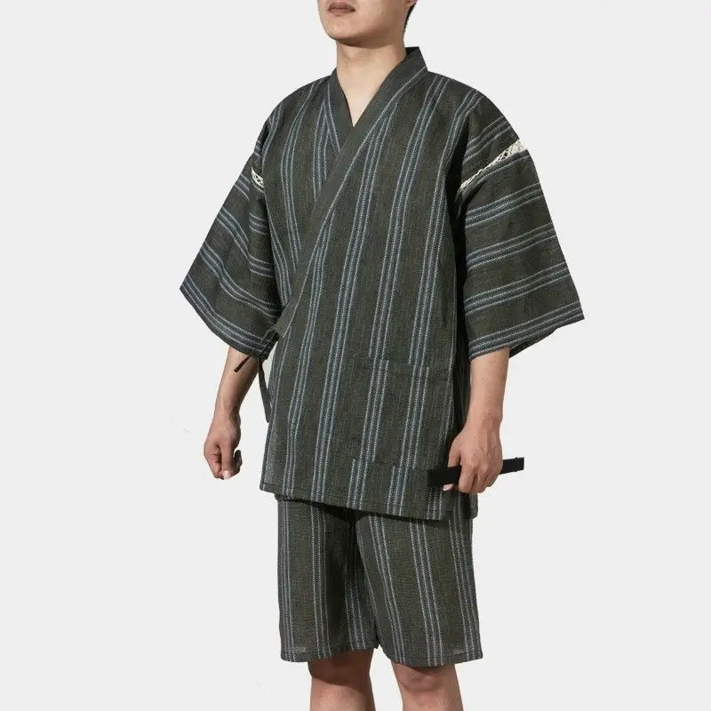 Мужские пижамные комплекты в японском стиле Yukata Пижама-кимоно с коротким рукавом v-образные вырезы шорты полосатая Пижама Homme 226-117 - Цвет: Серый