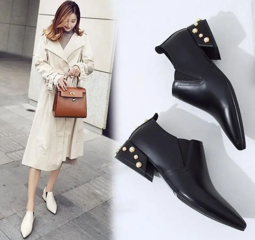 

2018 autumn women new genuine leather rivets pearls decor pumps female pointed toe slip-on pure color comfortable single shoes