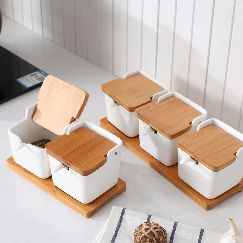 Белая керамическая квадратная банка для пряностей в скандинавском стиле с деревянной основой аксессуары для кухонной мебели бачок для масла банки для соли посуда