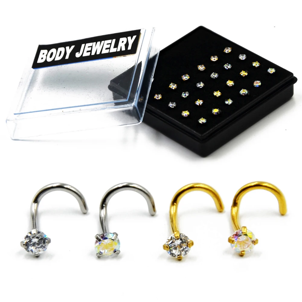 

24Pcs/Box Round Zircon Prong Set Nose Screw Nose Ring Crystal Nose Stud Nail Piercing Body Jewelry CZ Gem Nose Bone Ring