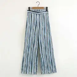 ANSFX винтажный полосатый принт высокая Талия свободная полная длина карманы Прямые брюки ретро женские повседневные боковые молнии брюки