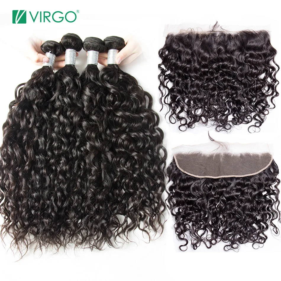 Волна воды 3 пучка с фронтальной человеческие волосы пучки с бразильские волосы с закрытием переплетения Virgo remy волосы могут быть