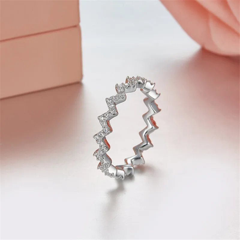

SLJELY S925 Sterling Silver Micro Inlay AAA Cubic Zircon CZ Geometric Single-Line Zigzag Finger Ring Women Girls Fashion Jewelry