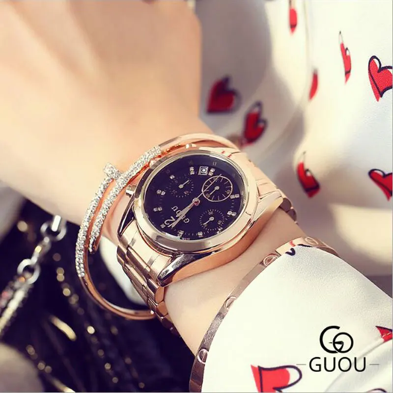 

Guou Brand Watches Elegant Luxury Ladies Watch Glitter Rhinestone Ladies Wrist Watches Rose Gold Relojes Mujer 2017 Stainless