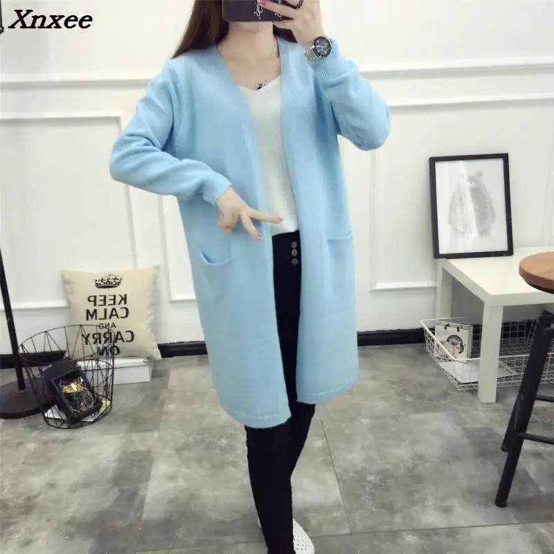 2018 New Style Women Cardigans Autumn Winter Warm V Neck Casual Loose Sweater Knitted Tops with Pocket Xnxee