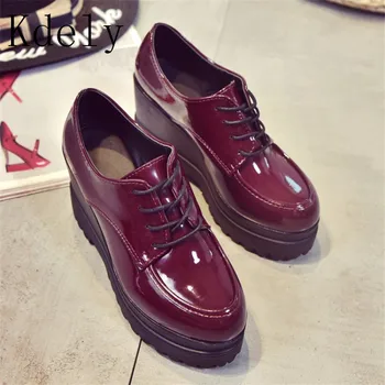 

2019 Women Motorcycle Ankle Boots Wedges Female Lace Up Platforms Autumn Winter Leather Oxford Shoes Woman high heels