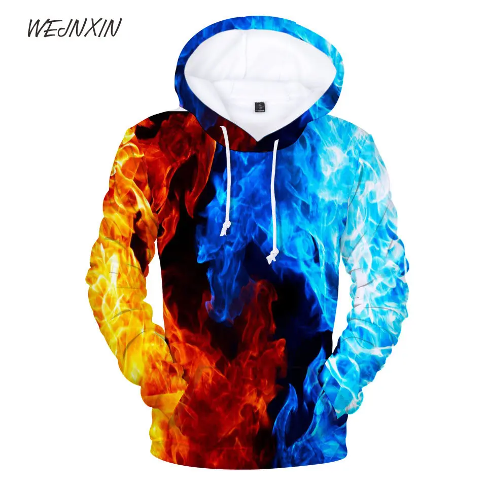 WEJNXIN 3D Flame Pullover Hoodie with Hat Pocket Cotton Sweatshirt Men