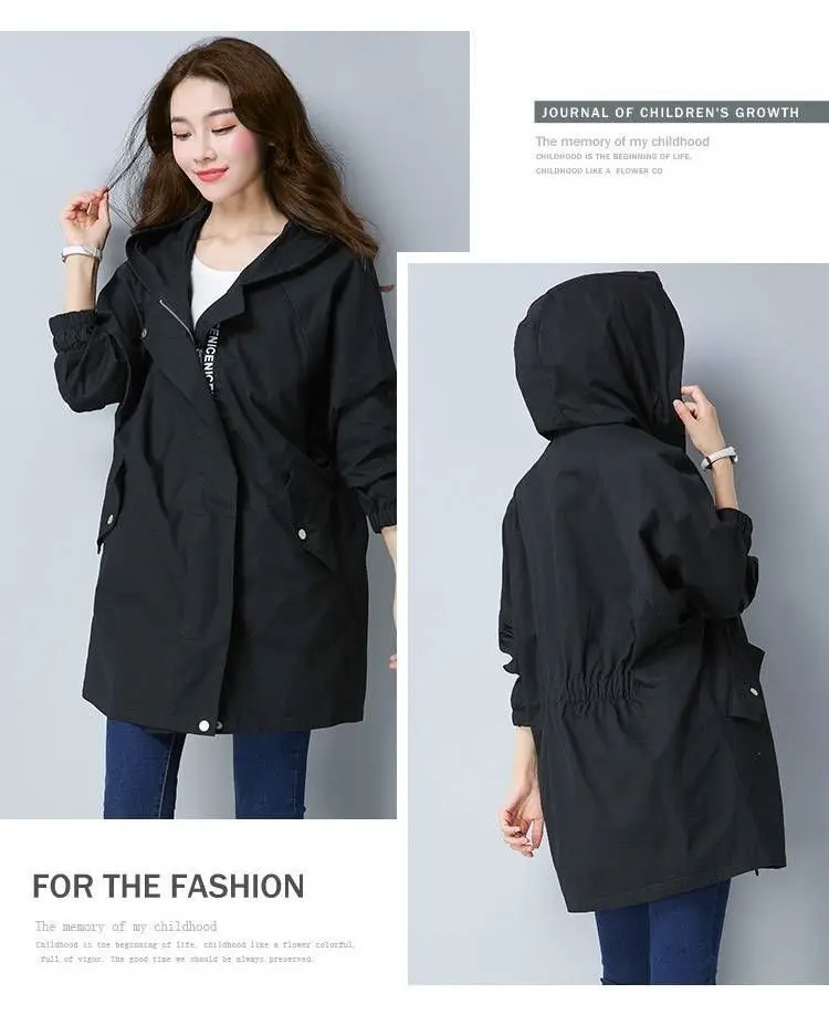 Vangull Women Trench Coat Female Long Sleeve Thin Hooded Wind Coat Autumn New Plus Size Loose Zipper Adjust Waist Outerwear