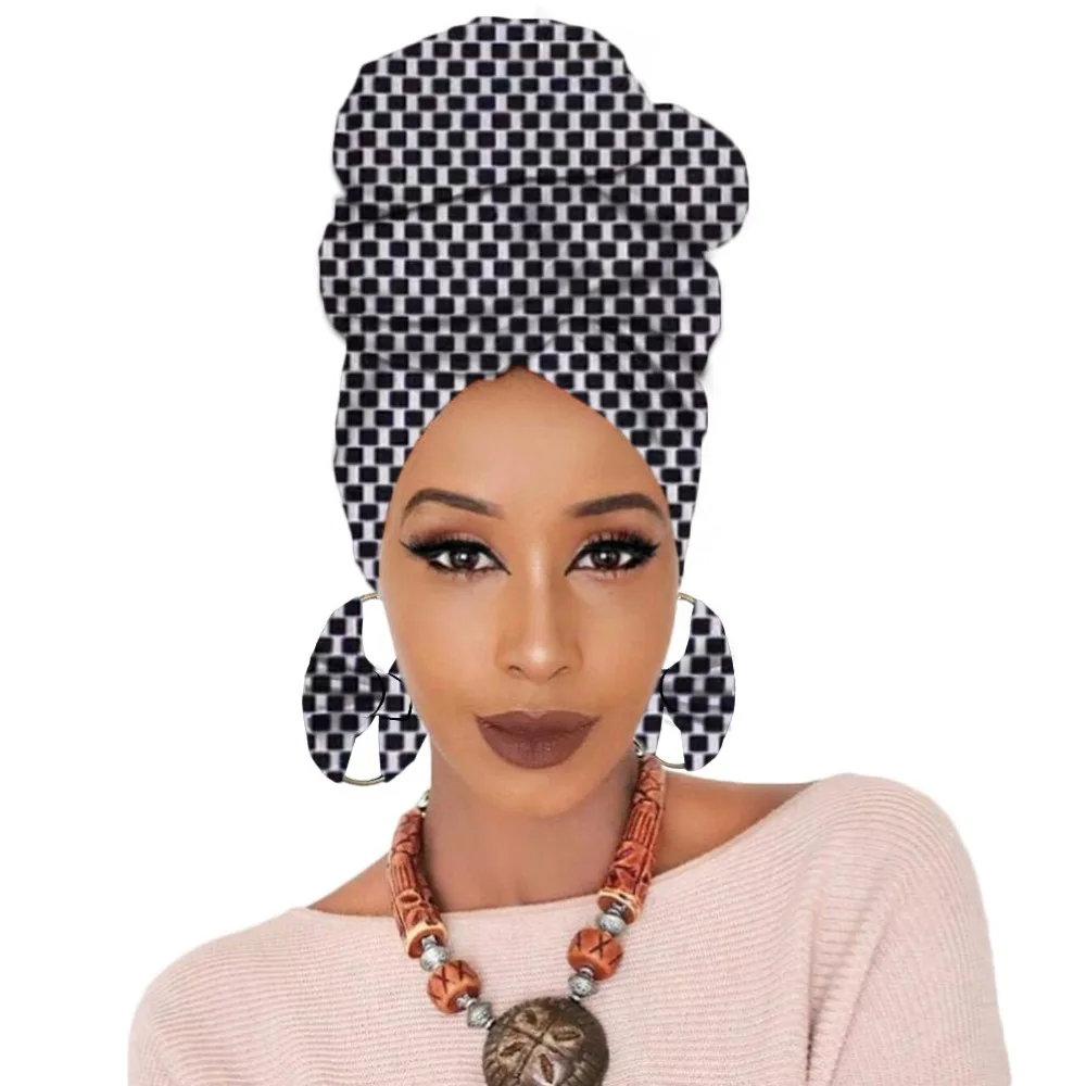 Print turban traditional African headscarf women headtie with earring (5)