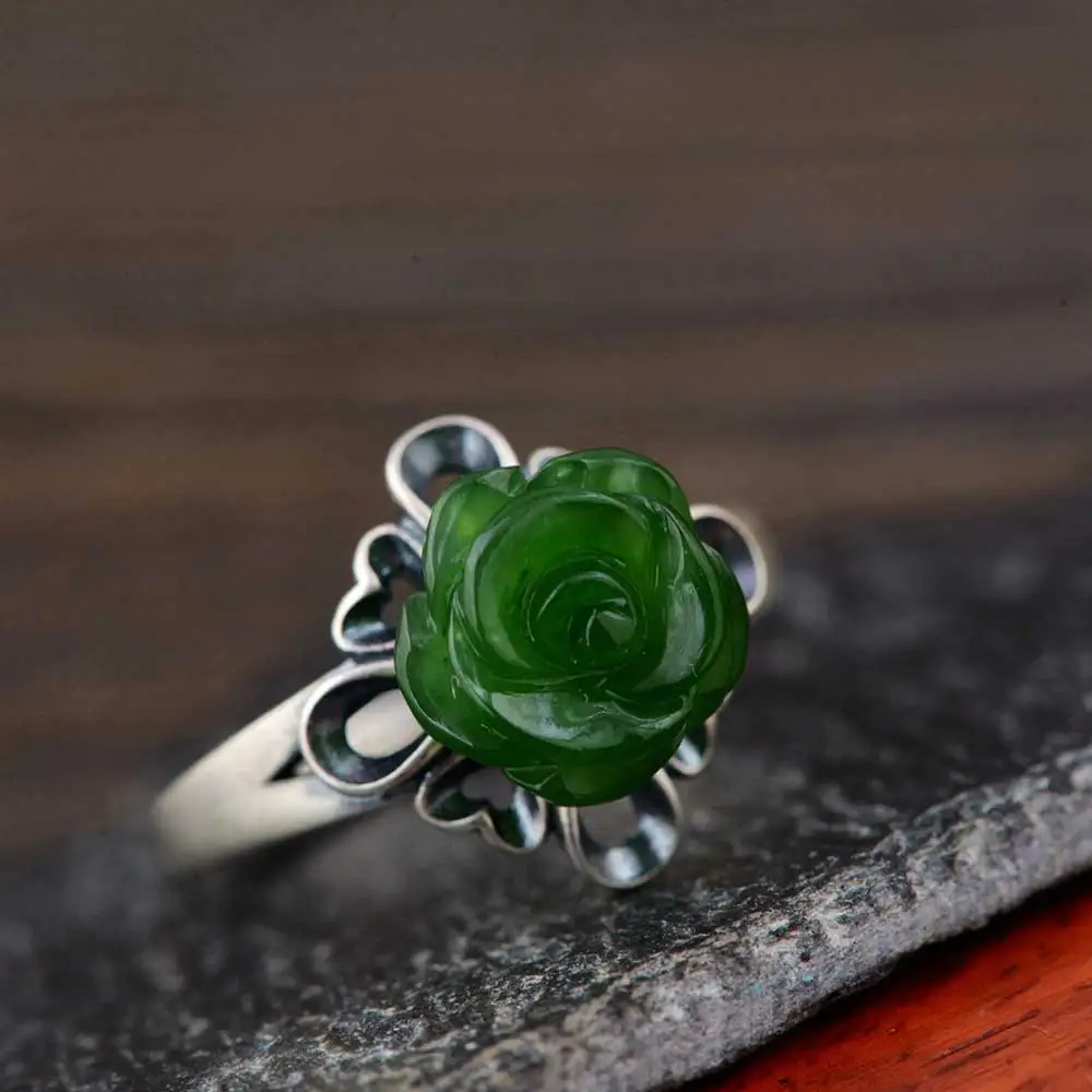 FNJ 925 Silver Rose Flower Ring Natural Jade Stone Pure Original S925