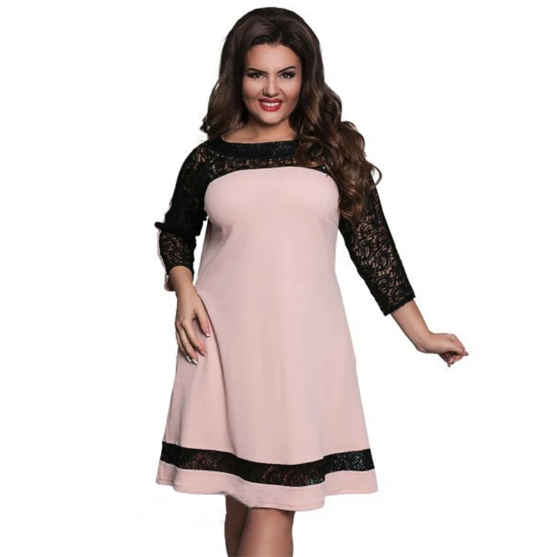 

2017 Autumn Women Plus Size Dresses Elegant Ladies Big Size 6XL Hop Pink Party Dresse Patchwork Lace Sexy Clothing For Ball Gown
