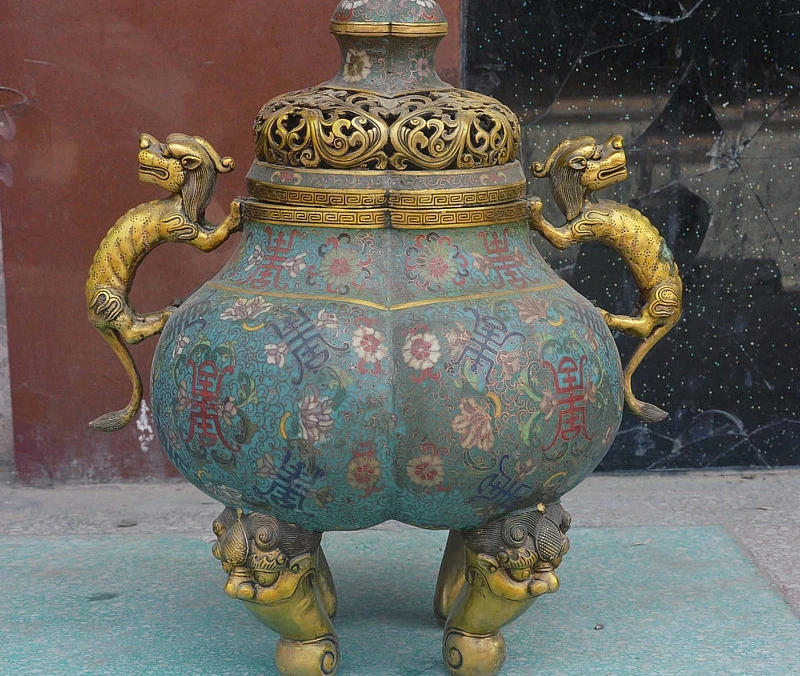 

20" Rare China Cloisonne Unicorn Pixiu Beast Lion Head Longevity Incense Burner