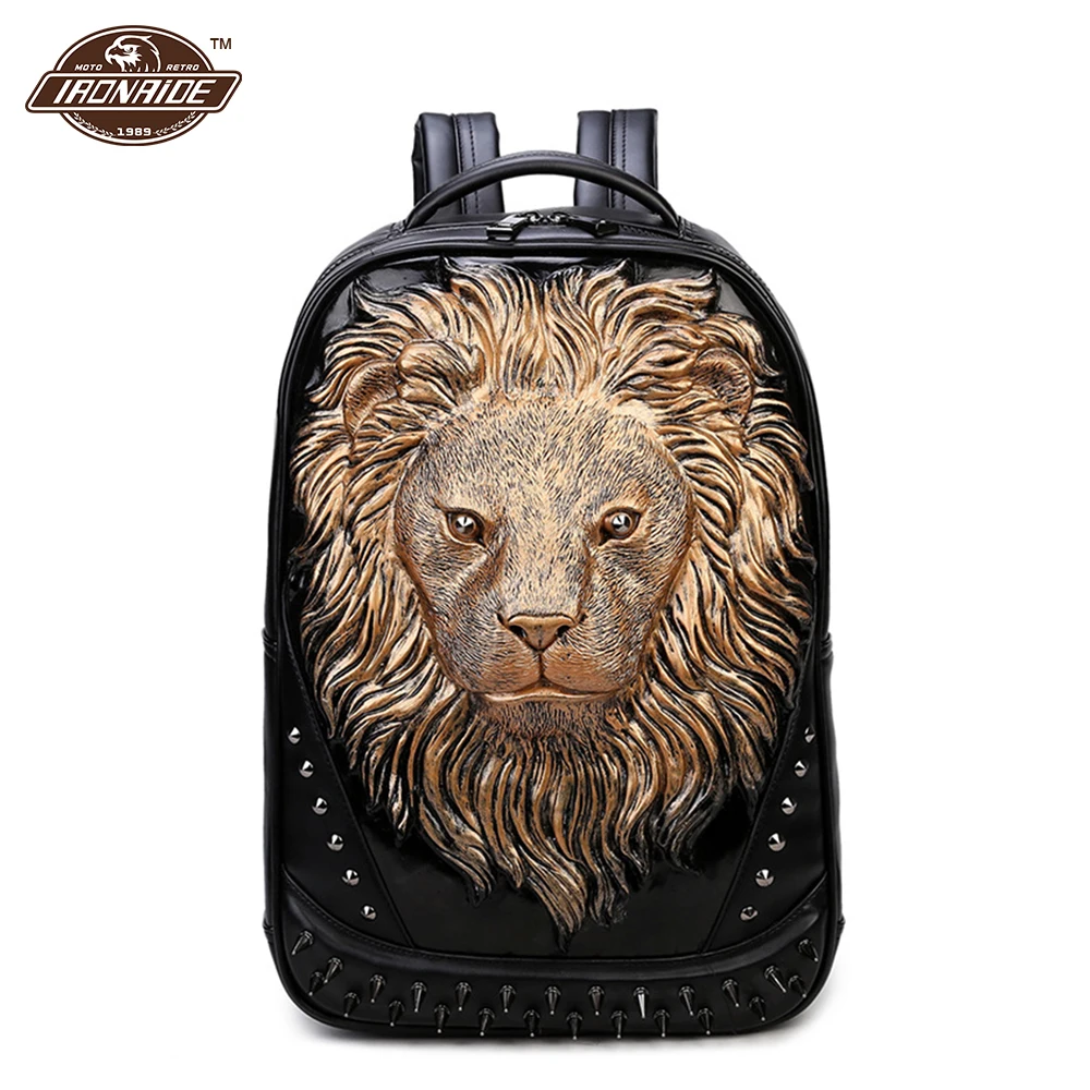 

Motorcycle Backpack Waterproof Motorcycle Bag PU Leather Backpack Rivet Satchel Travel 3D Lion Head Retro Bag Vintage Laptop Bag