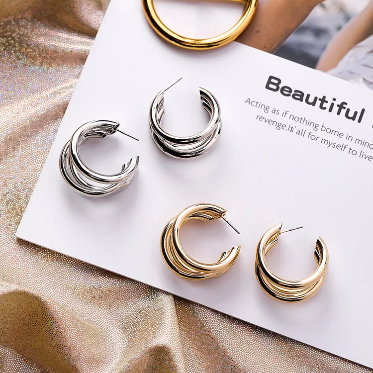 

Super Cool Retro Simple Design Trendy Women Earrings Multi-layer Golden And Silver Color Earrings Ring Shape Chic Drop Earrings