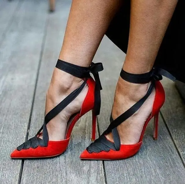 

Women Red Suede Black Ribbon Lace-up Wedding Shoes Stiletto Heel Pointed Toe Cross Strappy Dress Pumps Mixed Color Pump