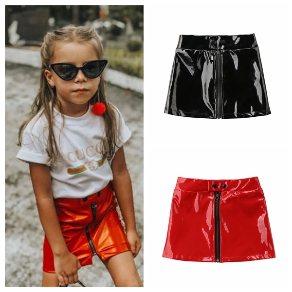 Toddler Kids Baby Girls Solid Sequins PU Leather Mini Skirt Outfits