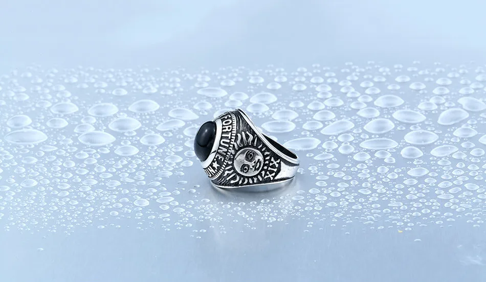 Нержавеющей прохладный уникальный черный камень Титан Сталь Колесо Фортуны Таро обсидиан кольцо для человека BR8-335