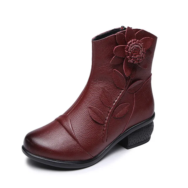 Женские ботинки изготовленные вручную женские винтажные ботинки из натуральной кожи на низком каблуке высококачественная обувь с круглым носком женская модная зимняя обувь - Цвет: red fur