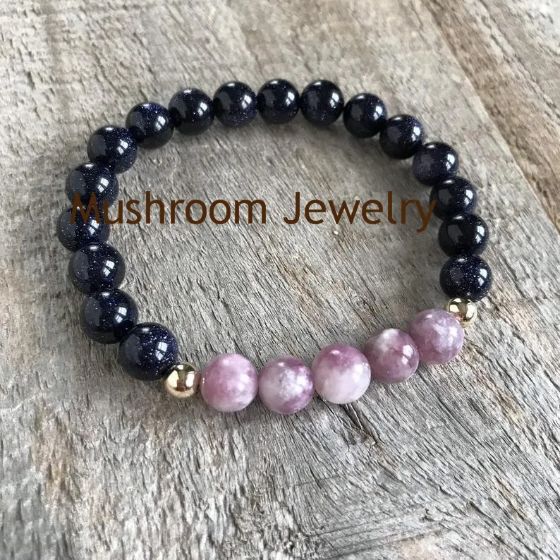 BS2019335 Blue Goldstone + Lepidolite Bracelet, Stretch Bracelet, Beaded Stretch Bracelets.. (2)