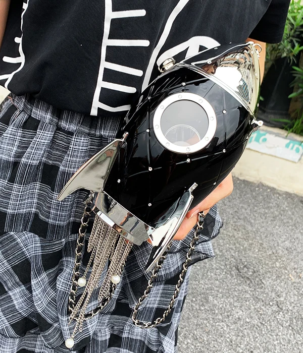 Fashion Rocket Shape Black Acrylic Pearl Tassel Diamond Women Party Clutch Bag Shoulder Bag Crossbo