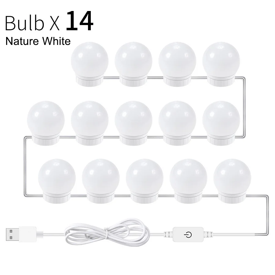 14pcs Bulbs 5V(для нанесения макияжа) со светодиодной подсветкой по краю и зеркальный светильник лампочки Голливуд косметическое зеркало для макияжа светильник s USB настенный светильник 2/6/10/14 шт. затемнения туалетным столиком зеркальная лампа - Испускаемый цвет: 14pcs Bulbs