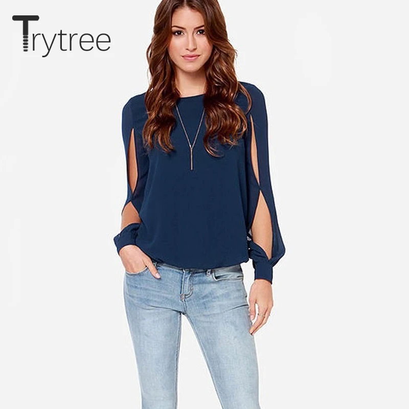 Trytree Summer Autumn Top Women Blouse Casual Shirt Solid Polyester O-Neck Tops Hollow Out Sleeves clothes Office Lady Shirts |