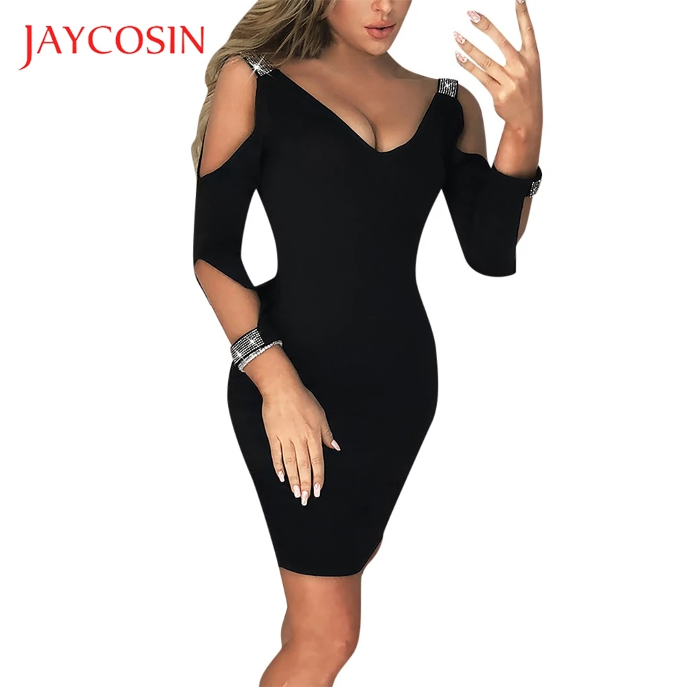 

JAYCOSIN Sexy Cold Shoulder Bodycon Women V Neck Short Sleeve Party Mini Dress Fashion Design Make You More Lovely And Vitality