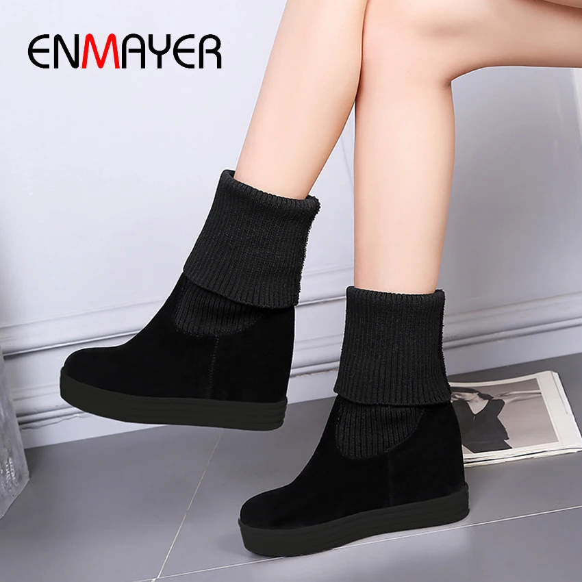 ENMAYER Height Increasing Elastic Band Mid-Calf Microfiber Women Boots Solid Straight and Flanging Increase Within Sock | Обувь