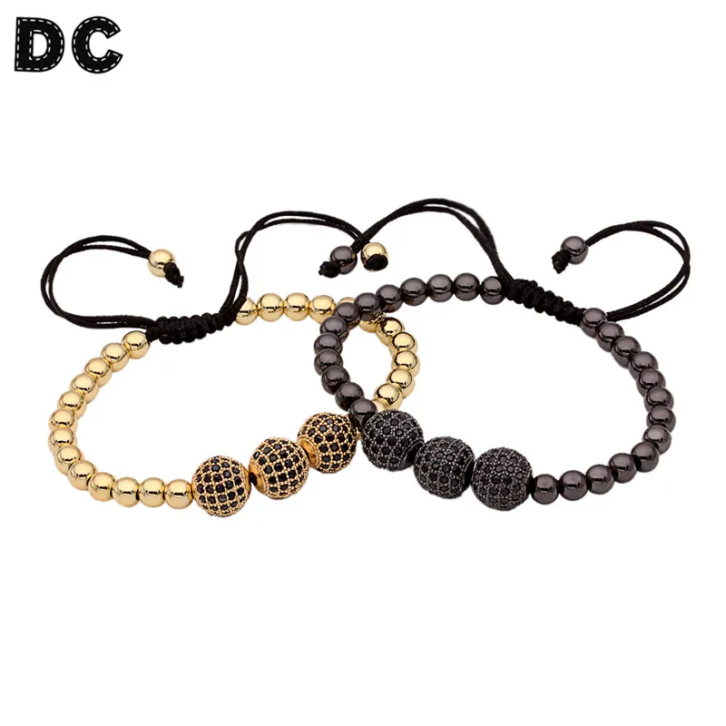 

Gold Color No Fade 5 mm Copper Bead Braiding Macrame Bracelets Men Women 10 mm Zircon Ball Charm Bracelet Pulseiras F5202